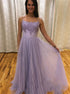 A Line Spaghetti Straps Tulle Beaded Long Prom Dresses With Lace LBQ2249